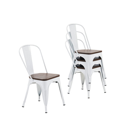 Nazhura Metal Dining Chair Farmhouse Tolix Style for Kitchen Dining Room Café Restaurant Bistro Patio, 18 Inch, Stackable, Waterproof Indoor/Outdoor (Sets of 4) (White with Wood Padding)
