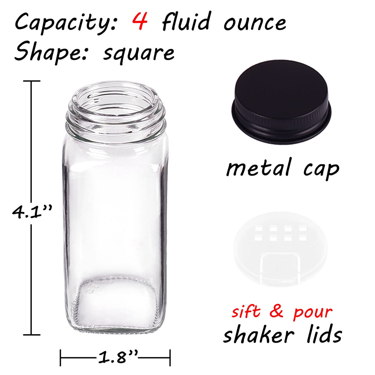 Churboro 66 Spice Jars with 547 Labels- Glass Spice Jars with Black Metal Caps, 4oz Empty Spice Containers with Shaker Lids, Funnel, Chalk Pen, Square Seasoning Bottles for Spice Rack, Drawer, Cabinet Churboro