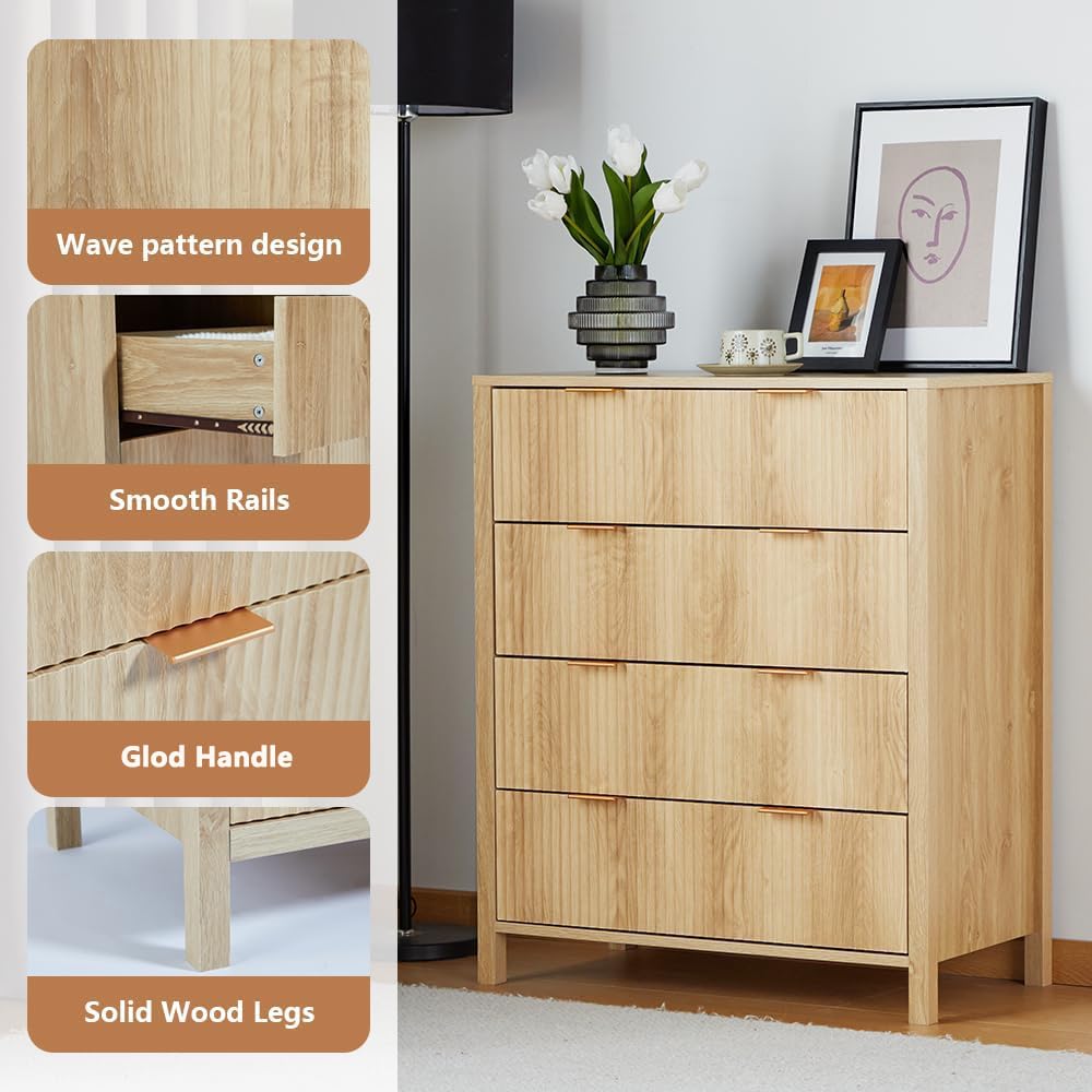 affeivul Mid Century Modern Dresser, 4 Drawer Dresser for Bedroom Wood, Boho Wooden Storage Cabinet Side Table with Solid Wood Legs, Tall Skinny Dresser for Closet, Living Room (Natural) affeivul