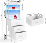 SUPERLELE Tall Nightstand with Charging Station, 41 Inch Led Night Stand with U-S-B Port & Socket, 3 PU Finished Fabric Storage Drawers, Office, Bed Side Table & Bookshelf in One, White SUPERLELE