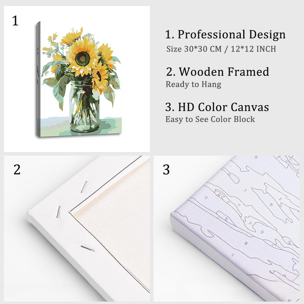 Natuyalo Paint by Numbers Kit for Adults Beginners, 12" Wx16 L Painting by Numbers Kit on Canvas Acrylic Drawing Kits Ready to Stretch and Framed, Sunflower in Vase Natuyalo