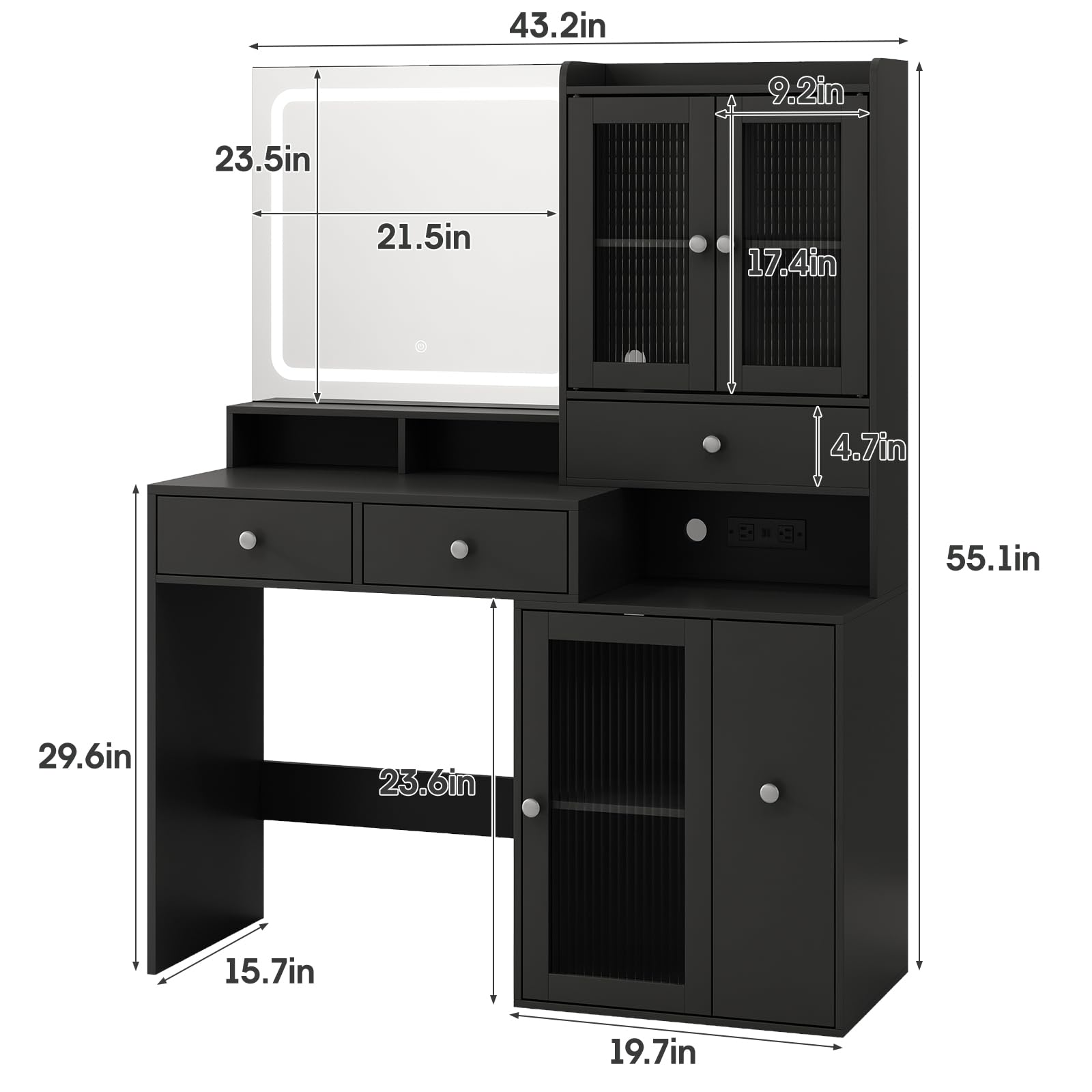 Fameill Makeup Vanity Desk with Mirror and Lights, Black Makeup Vanity with 4 Drawers and Charging Station, Vanity Table with RGB Cabinet, Dressing Table for Bedroom - WoodArtSupply