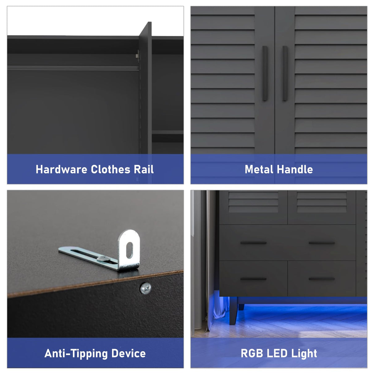 jiteentarou 3 Door Armoire Wardrobe Closet Cabinet with Drawers and LED Lights, Multi-Tier Shelves, Hanging Rod & 3 Louver Doors, Large Capacity Storage Wardrobe Armoire for Bedroom(3 Doors Black) jiteentarou