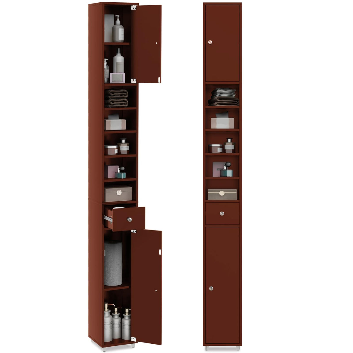 Tangkula Tall Slim Bathroom Storage Cabinet, 71" Freestanding Bathroom Cabinet w/ 2 Doors, 1 Drawer & 5 Adjustable Shelves, Floor Narrow Tower Cabinet for Small Spaces, 8" x 8" x 71" (Brown) Tangkula