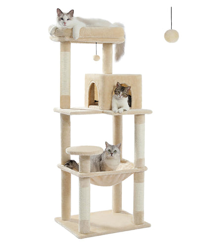 MUTTROS Cat Tree for Large Cats Adult with Metal Plush Big Hammock, 56.3" Cat Tower with 2 Door Condo House, 6-Tier Cat Shelves with Scratching Posts and Large Top Perch, Beige