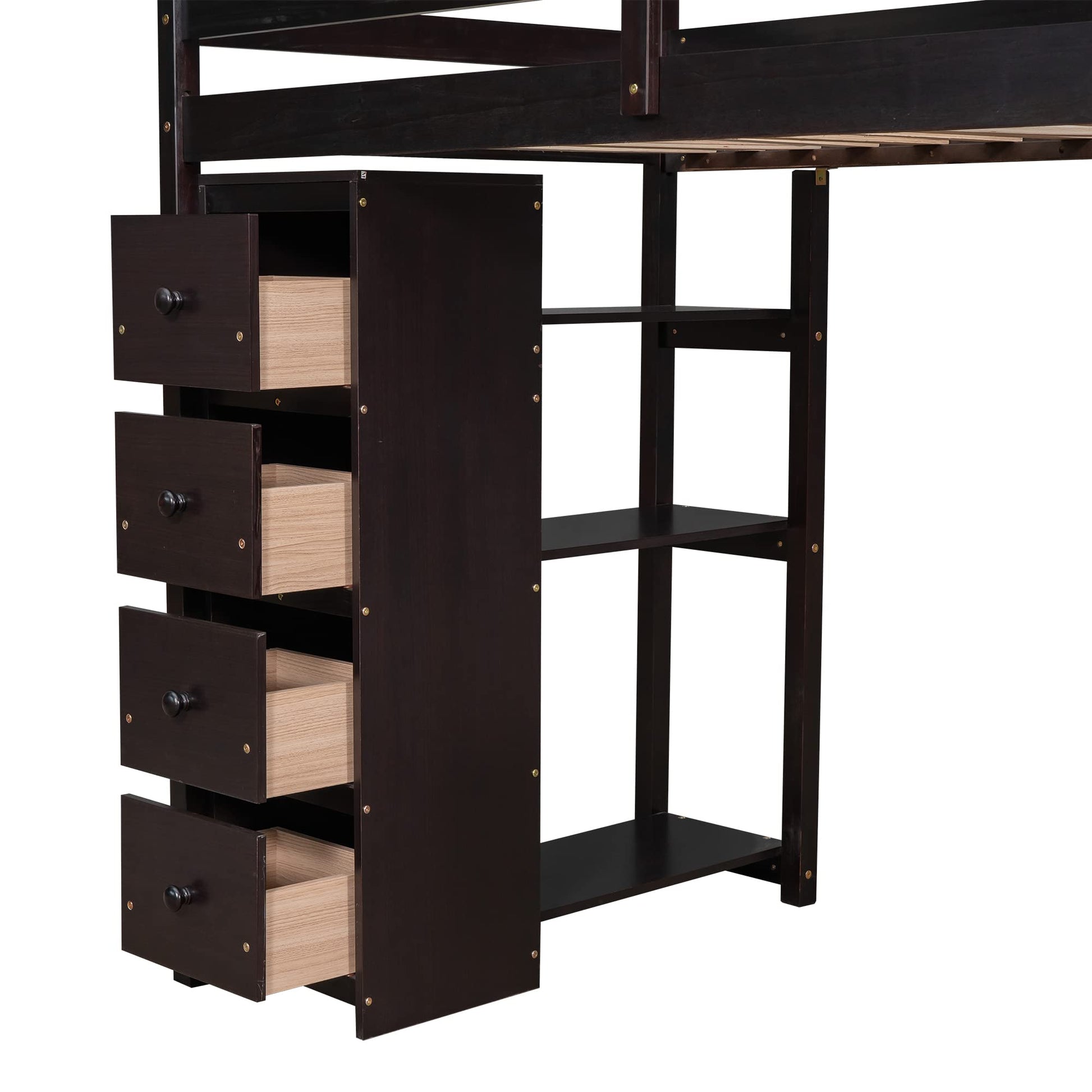 CITYLIGHT Espresso Twin Size Loft Bed with Desk, Storage Staircase, and Drawers - WoodArtSupply