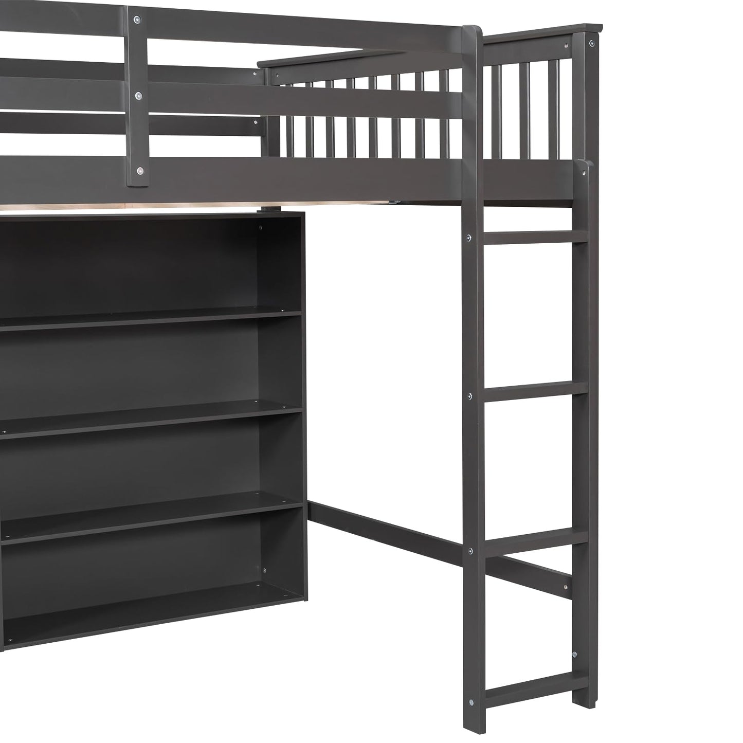 Bekeknlny Full Size Loft Bed with 8 Open Storage Shelves and Built-in Ladder, Solid Wood Bed Frame with Safety Rail, Kids/Teens Bedroom, Guest Room Furniture (Gray/Shelves8, Full)