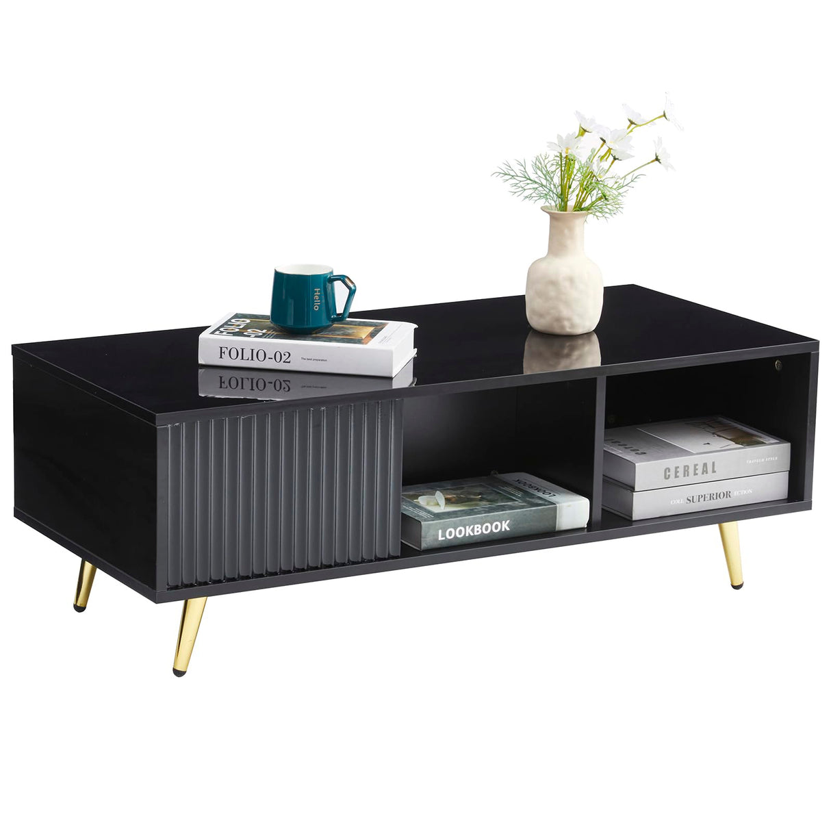 COSVALVE 41.3IN LED Black Coffee Tables for Living Room with 16 Colors LED Lights, Modern Minimalist Coffee Table with Fluted Panel, Rectangle Center Table Game Table COSVALVE
