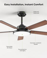 Vaczon 52 inch Black Ceiling fan with Light and Remote/APP, Ceiling Fans with Lights, 3CCT, Reversible 6 Speeds Quiet, Black Modern Ceiling Fan with Light for Indoor Outdoor Bedroom Patio Living Room Vaczon