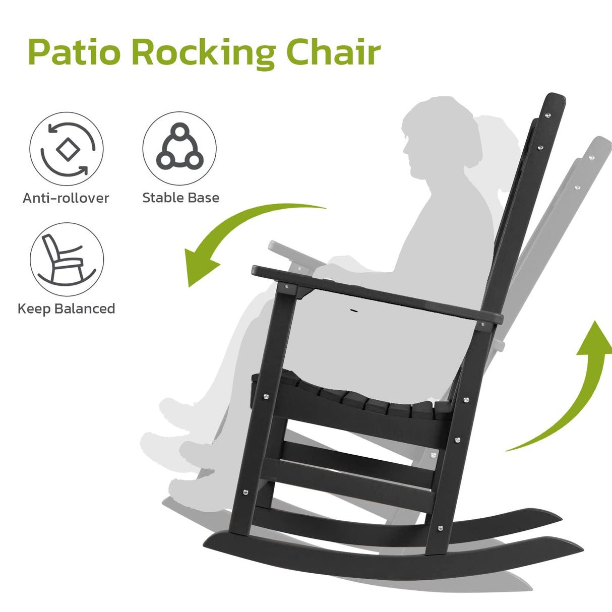 FOOWIN Patio Rocking Chairs,HDPE High Back Porch Rocker,All Weather Resistant Poly Lumber Outdoor Porch Rocker, Rocking Chairs for Outdoor, Indoor, Patio, Deck, Garden (Set of 2, Black) FOOWIN