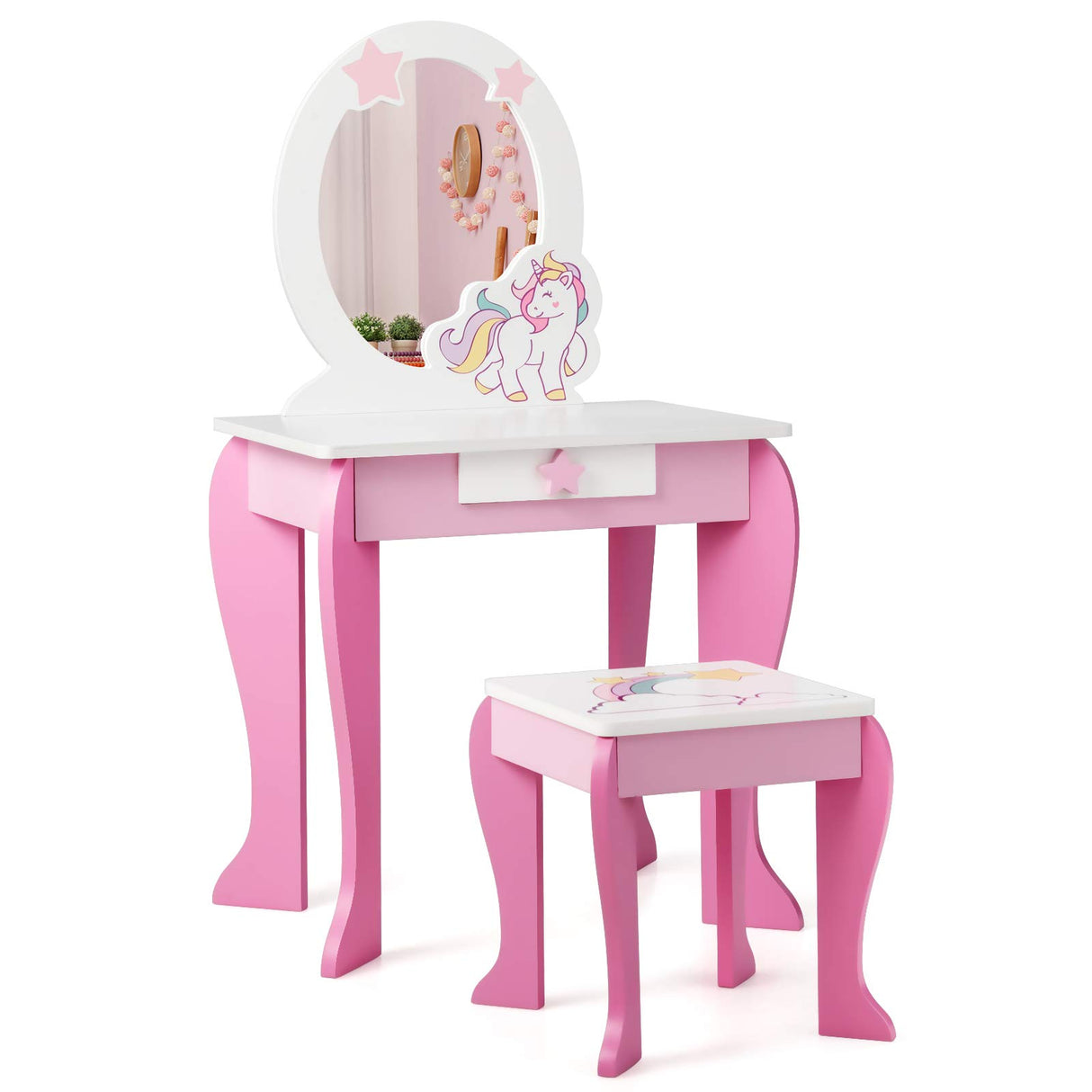 Costzon Kids Vanity Set with Mirror, 2 in 1 Wooden Princess Makeup Dressing Table with Detachable Top, Toddler Girls Vanity with Drawer & Stool, Pretend Play Vanity Set for Little Girls, Pink Costzon