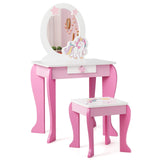 Costzon Kids Vanity Set with Mirror, 2 in 1 Wooden Princess Makeup Dressing Table with Detachable Top, Toddler Girls Vanity with Drawer & Stool, Pretend Play Vanity Set for Little Girls, Pink Costzon