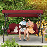 HOMREST 3 Seat Outdoor Porch Swing with Adjustable Canopy, Convertible Patio Swing Bed with Stand, Patio Glider Swing with Upgraded Cup Holder, Thicken Cushions ＆ Pillow for Backyard (Wine Red) HOMREST