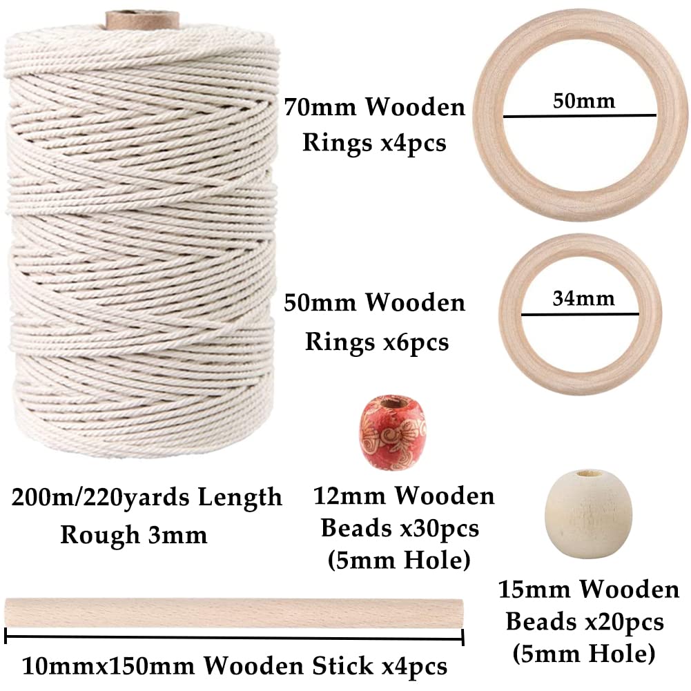 ZXCDINO 87pcs Macrame Kits for Beginners 3mm x 220yards Natural Cotton Macrame Cord Wall Hanging Kit, Macrame Supplies Best for Macrame Plant Hanger with Wooden Beads,Wooden Rings ZXCDINO