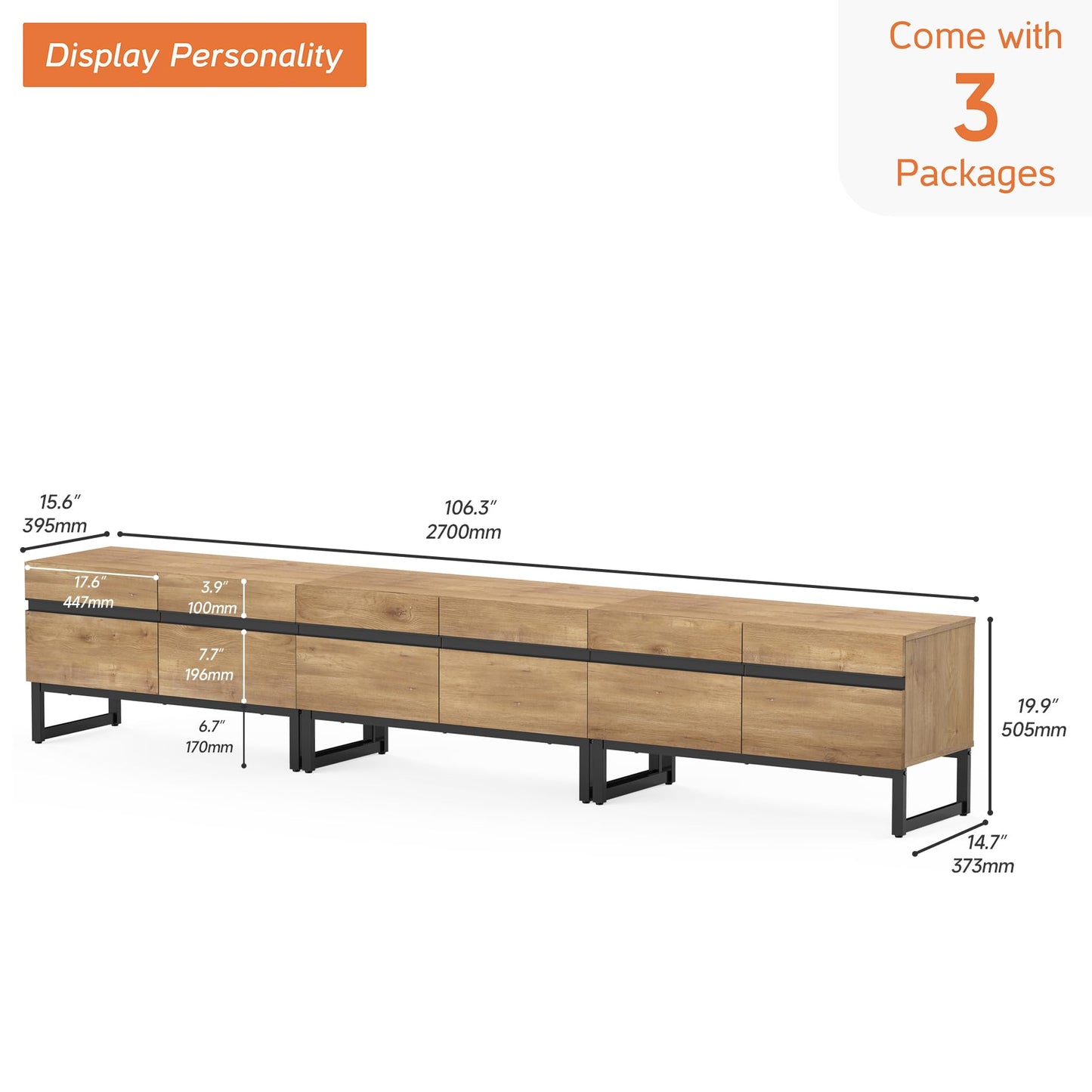 WAMPAT Modern TV Stand for TVs up to 110 inch, 3 in 1 Entertainment Center TV Console with Storage Cabinets and Metal Base,Media Console for Living Room,Oak