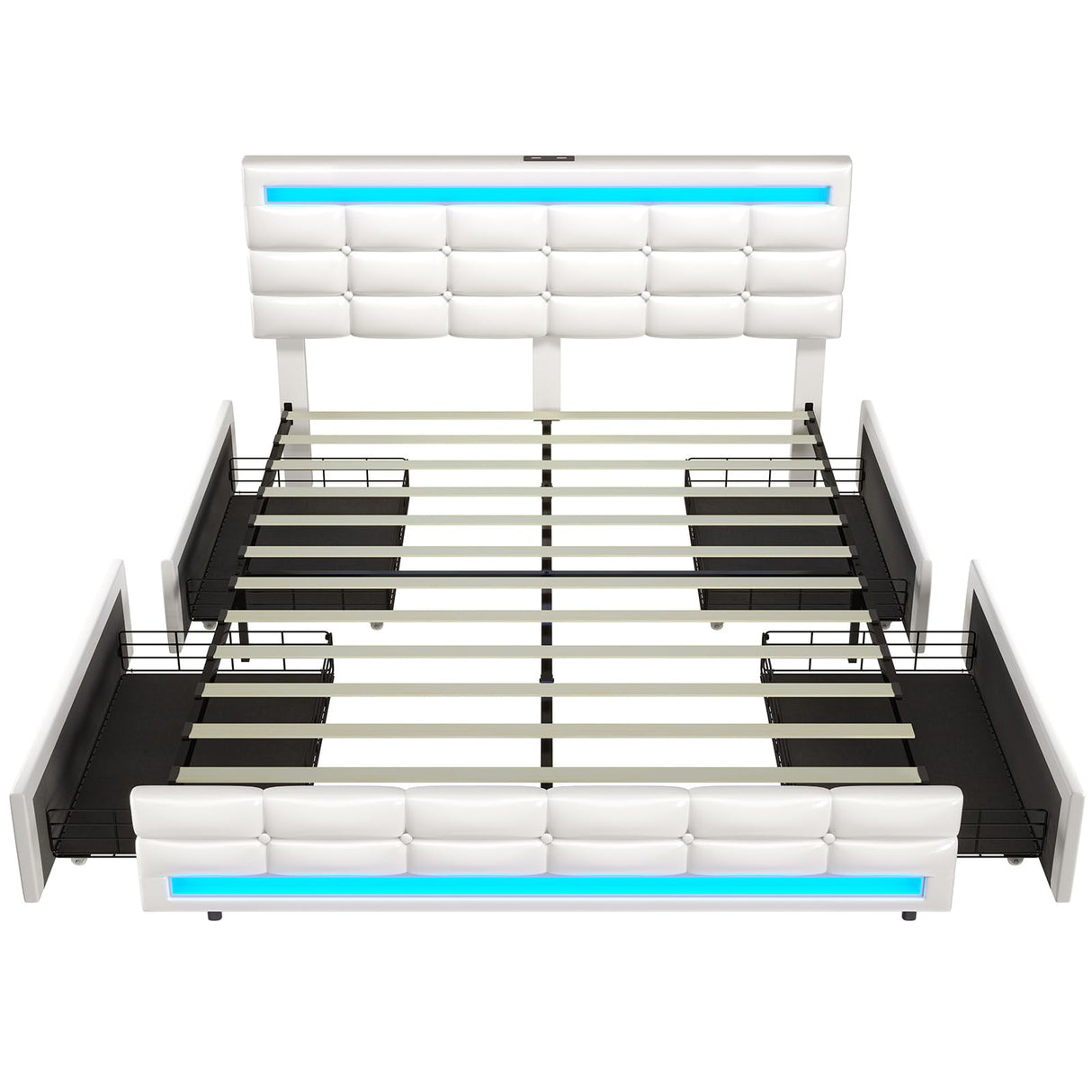 ADORNEVE Full Size LED Bed Frame with 4 Storage Drawers, Pu Leather Upholstered Platform Bed Full with Charging Station & LED Lights, Square Stitched Button Tufted Design, No Box Spring Needed, White ADORNEVE