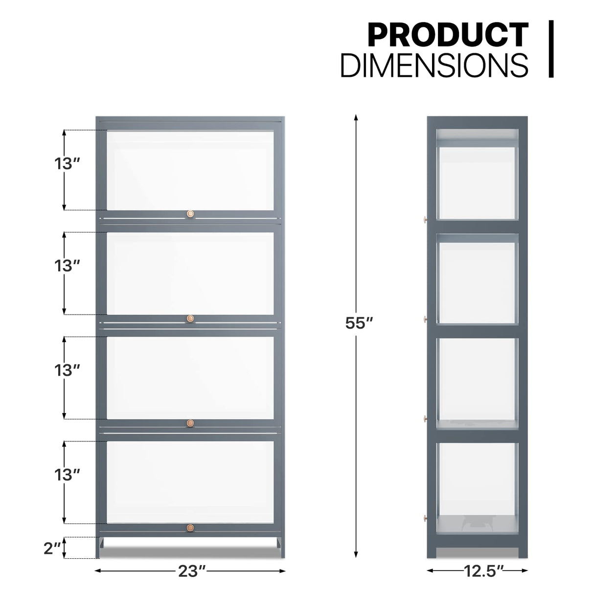 MoNiBloom 4-Tier Display Cabinet with Acrylic Doors - 55” Transparent Bamboo Display Case for Figures and Curio Collection, Floor Standing - Grey MoNiBloom