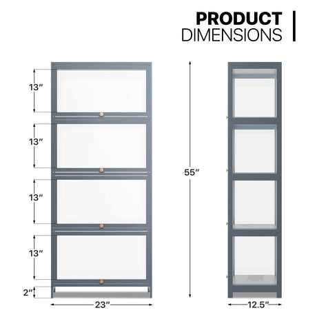 MoNiBloom 4-Tier Display Cabinet with Acrylic Doors - 55” Transparent Bamboo Display Case for Figures and Curio Collection, Floor Standing - Grey MoNiBloom
