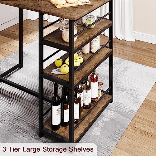 CABIHOME Dining Table Set for 2, Kitchen Table and Upholstered Chairs for 2, 3 Piece Counter Height Bar Table Set with 3 Large Storage Shelves for Small Space, Apartment, Studio, Rustic Brown CABIHOME