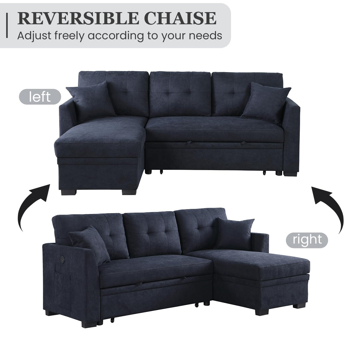 Yafylly L-Shaped Sofa with Storage and Pull-Out Bed, Convertible Futon Chaise Lounge with Ports, Recliner for Living Room, Bedroom, Apartment, Office, Dark Blue Yafylly