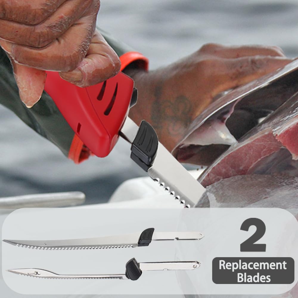 Cushore Cordless Electric Knife Rechargeable with 2 Set of 8 Fully Serrated S.S. Blades, Multi Function for Turkey Knife, Portable Carry Case for Fishing, Filleting, and Outdoors (Red) Cushore