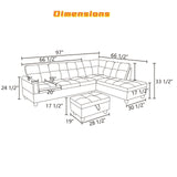 FONTOI L Shaped Sectional Couch with Otttoman, 97" Sectional Sofa for Living Room Flannel Modular Couches with Cup Holders for Bedroom, Apartments, Grey FONTOI