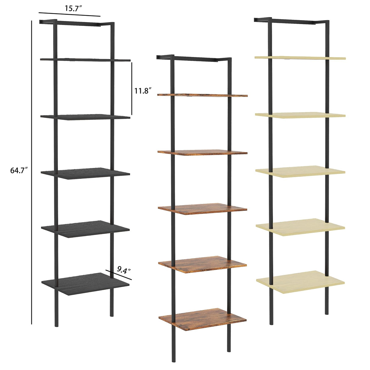 POBOMULI 5-Tier Ladder Shelf, Wall Mounted Ladder Bookshelf with Metal Frame, Wood Tall Open Storage Rack and Display Shelves for Home Office Bedroom Living Room, Black POBOMULI