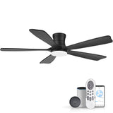 52"Wood Smart Flush Mount Ceiling Fans with Lights Remote,Control via WIFI Alexa Google App,6 Speed,Quiet DC Motor,Modern Black Outdoor Indoor Low Profile Ceiling Fan for Bedroom Patio Porch GentleBreeze