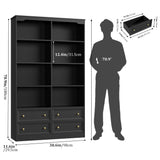 FINETONES 71" Black Bookshelf with 4 Drawers, 6-Tier Double Wide Bookshelf and Bookcase with Storage, Tall Bookshelf Large Open Bookshelf Standing Book Cabinet for Home Office, Black FINETONES