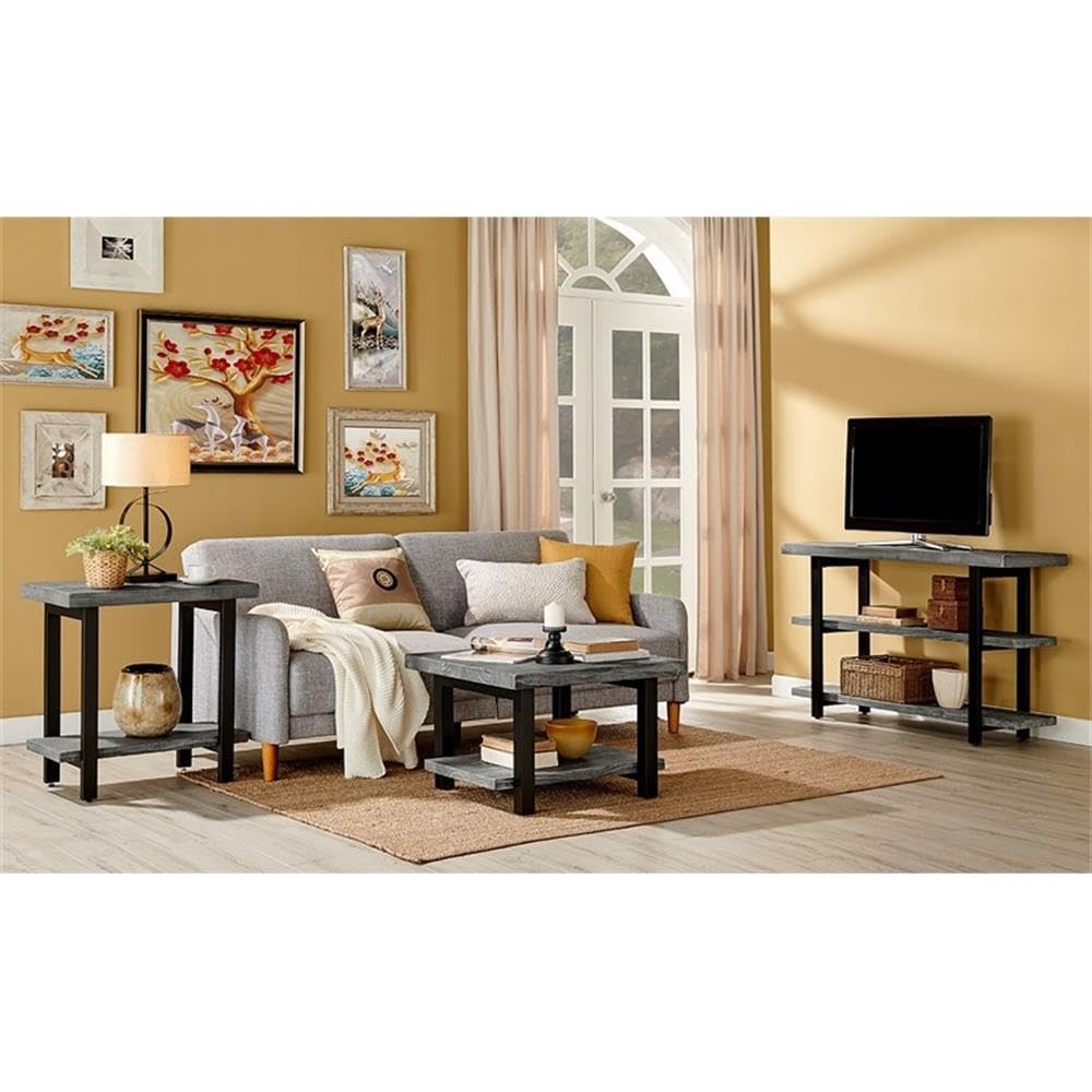 Pomona 27 in. Metal and Solid Wood Square Coffee Table, Slate Gray: Solid Wood & Metal Industrial Square Coffee Table w/ Slate Gray Finish - Solid Pine Wood Tabletop & Shelf Alaterre Furniture