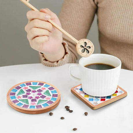 Adboros 8 Sets DIY Glass Mosaic Tiles for Crafts Mixed Color Mosaic Kits with Wooden Coaster for Adults Bamboo Coaster for Drinks Tray Handmade Home Decoration Adboros