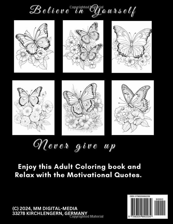 Butterflies and Flowers: Adult Coloring Book with 50 Large Print Pages: with motivational quotes for peace, relaxing and Stress Relief Majosta