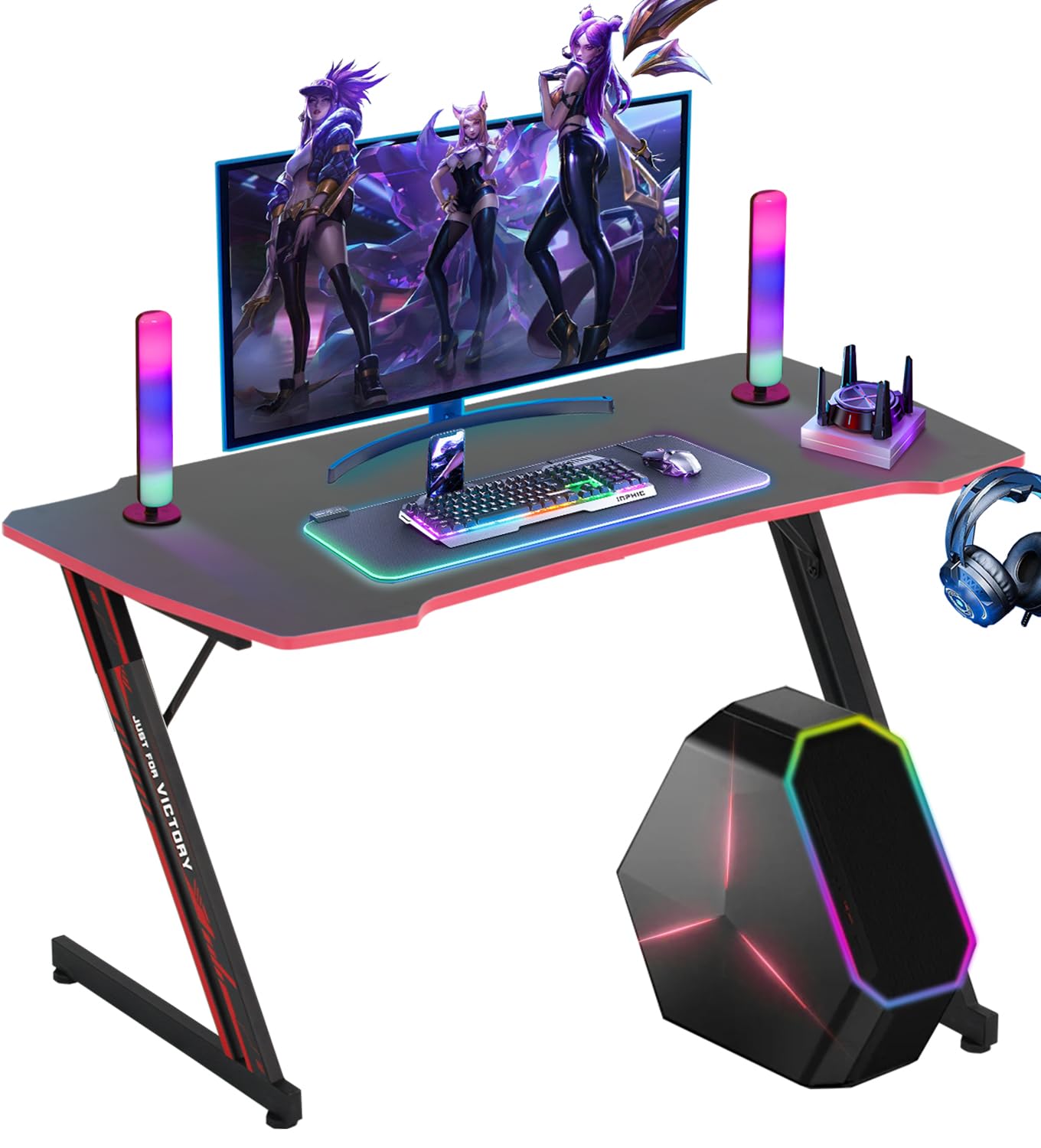 XXkseh 39 Inch Gaming Desk Z-Shaped Computer Gaming Workstation with Headset Hook Home Office Desk, Ergonomic Small Gaming Table and Small Desk with Footbed, MDF Desktop and Metal Frame, Red