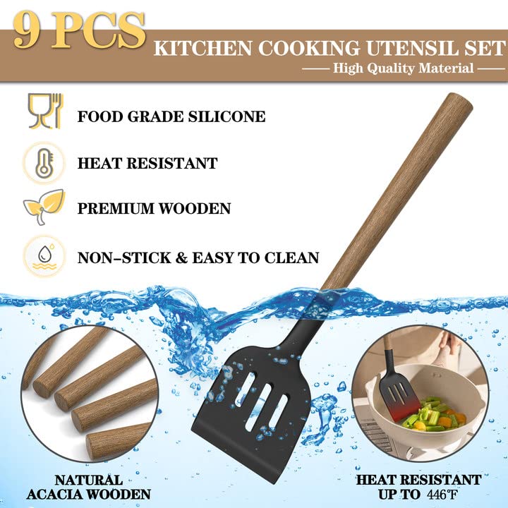 Silicone Kitchen Cooking Utensil Set, 9Pcs Kitchen Utensils Spatula Set with Wooden Handle for Nonstick Cookware, 446°F Heat Resistant Silicone Kitchen Gadgets Utensil Set with Large Holder（Black） CACOLES