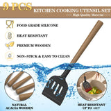 Silicone Kitchen Cooking Utensil Set, 9Pcs Kitchen Utensils Spatula Set with Wooden Handle for Nonstick Cookware, 446°F Heat Resistant Silicone Kitchen Gadgets Utensil Set with Large Holder（Black） CACOLES