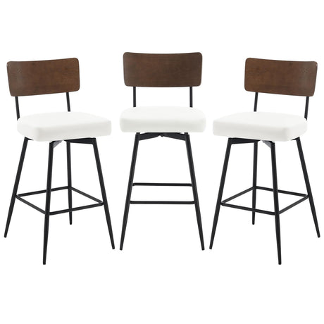 Bekrvio Counter Height Swivel Bar Stools Set of 3, Upholstered Faux Leather Barstools with Wood Backs and Metal Legs, 26" Seat Height Counter Bar Stool for Kitchen Island, White Bekrvio