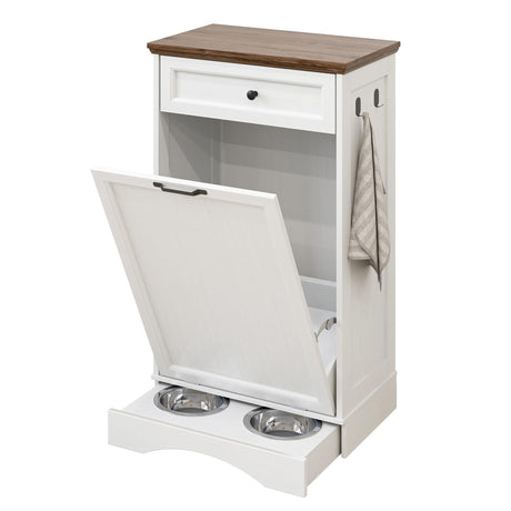 NEWOWNDS Tilt Out Trash Can Cabinet 10 Gallon Hidden Trash Garbage Can Cabinet with Drawer,Waterproof Cutting Board,Pet Proof Hidden Garbage,Pet Feeding Bowls for Kitchen,Laundry Bathroom,White NEWOWNDS