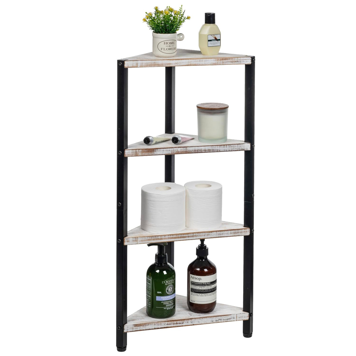 MyGift 4 Tier Shabby White Washed Solid Wood and Matte Black Metal Bathroom Corner Standing Shelf, Decorative Bath Storage Shelving Stand MyGift