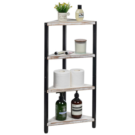 MyGift 4 Tier Shabby White Washed Solid Wood and Matte Black Metal Bathroom Corner Standing Shelf, Decorative Bath Storage Shelving Stand MyGift