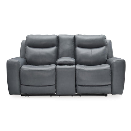 Signature Design by Ashley Mindanao Modern Leather Match Upholstered Power Reclining Loveseat with Console, USB Ports and Cup Holders, Gray Signature Design by Ashley