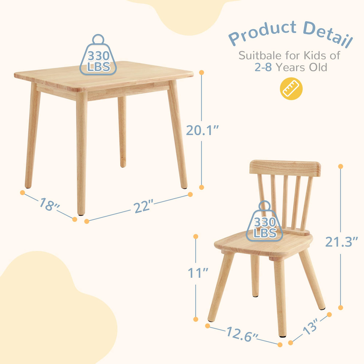 Curipeer Windsor Kids Table and 2 Chair Set, Rubberwood Toddler Table and Chair Set for Art, Play, Craft, Activity, Children Table with Non-Slip Legs/Round Edge Design, Natural Wood Curipeer
