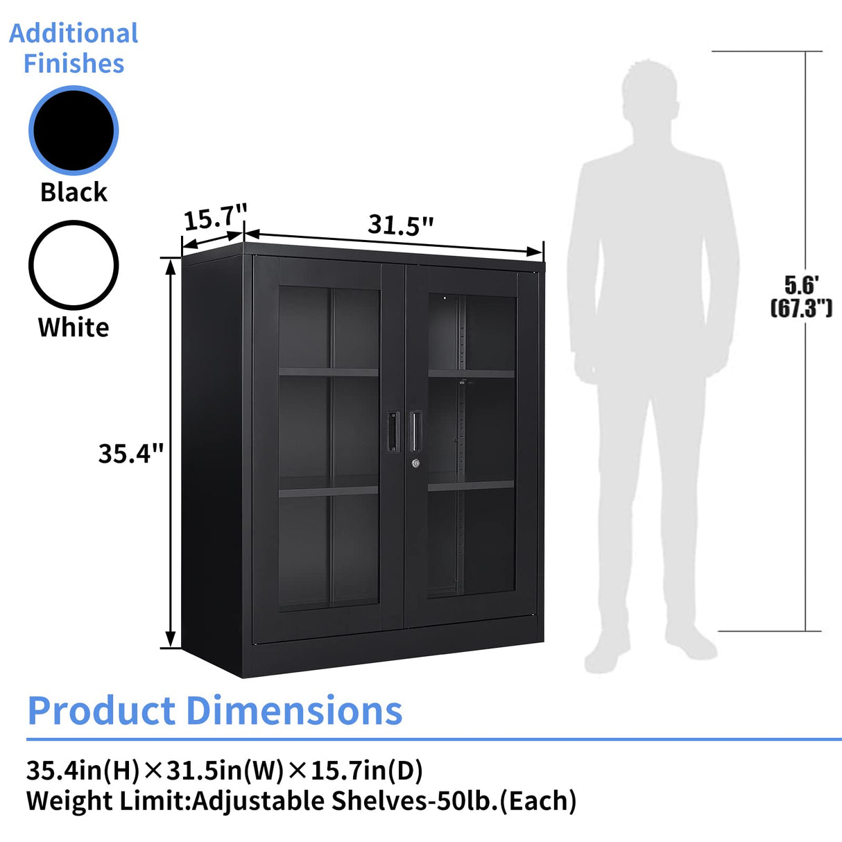 Yizosh Metal Storage Cabinet with Glass Doors - 35.4" Locking Display Cabinet with 2 Adjustable Shelves, 3-Tier Steel Cabinet Locker for Home Office, Living Room, Bedroom (Black) Yizosh
