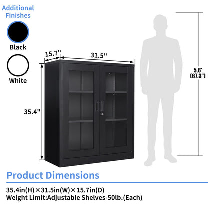 Yizosh Metal Storage Cabinet with Glass Doors - 35.4" Locking Display Cabinet with 2 Adjustable Shelves, 3-Tier Steel Cabinet Locker for Home Office, Living Room, Bedroom (Black) - WoodArtSupply