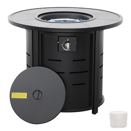 30 Inch Fire Tables Round Tabletop 50000 BTU Outdoor Fire Pits for Outside Steel Gas Fire Table with Fire Pit Lid Waterproof Cover, Black Rattaner