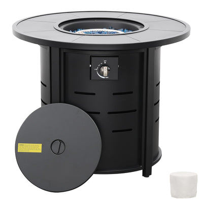 30 Inch Fire Tables Round Tabletop 50000 BTU Outdoor Fire Pits for Outside Steel Gas Fire Table with Fire Pit Lid Waterproof Cover, Black