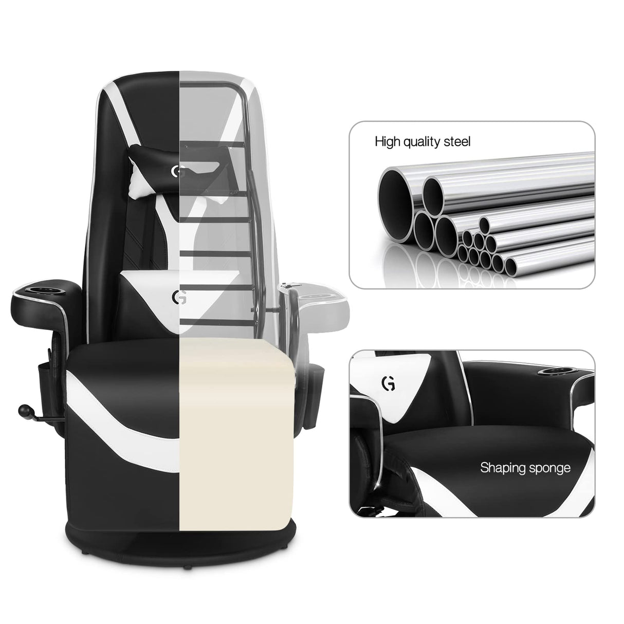 Modern-Depo Queen Throne Racing Gaming Chair, Comfortable Ergonomic Recliner, High Back Swivel Chair with RGB Lights, Footrest, Backrest, Massage Lumbar Support, Headrest and Cupholders, Black White Modern-Depo