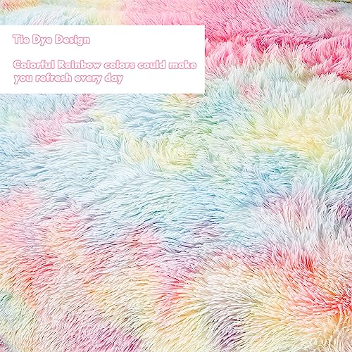 PERFEMET Pink Faux Fur Fluffy Comforter Twin 3-Piece Colorful Rainbow Plush Shaggy Bedding Sets for Girls Tie Dye Fuzzy Furry Comforter Set(Pink, Twin) PERFEMET
