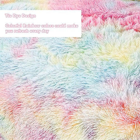 PERFEMET Pink Faux Fur Fluffy Comforter Twin 3-Piece Colorful Rainbow Plush Shaggy Bedding Sets for Girls Tie Dye Fuzzy Furry Comforter Set(Pink, Twin) PERFEMET