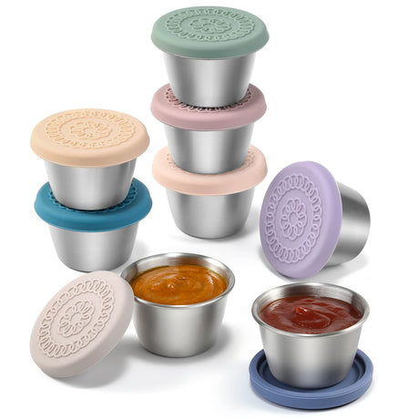 [8 Pack] Salad Dressing Container To Go, 2.4oz Small Condiment Containers with Leakproof Silicone Lids, Reusable Stainless Steel Sauce Cups for Lunch Bento Box, Picnic and Travel VITEVER