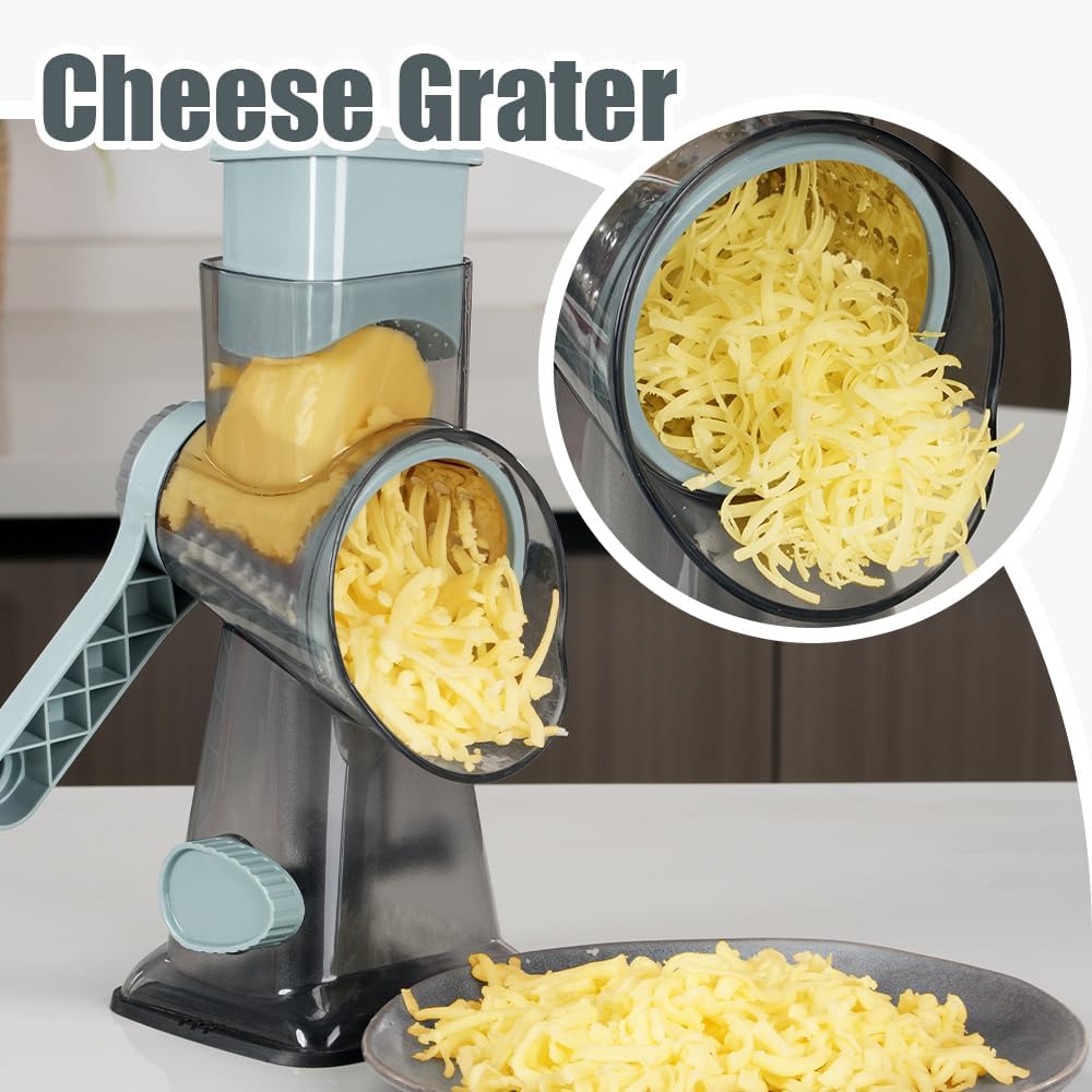 KEOUKE Rotary Cheese Grater with Handle Vegetable Cheese Shredder Slicer Grater for Kitchen 3 Changeable Blades for Cheese Potato Zucchini Nuts Chocolate - GreyBlue